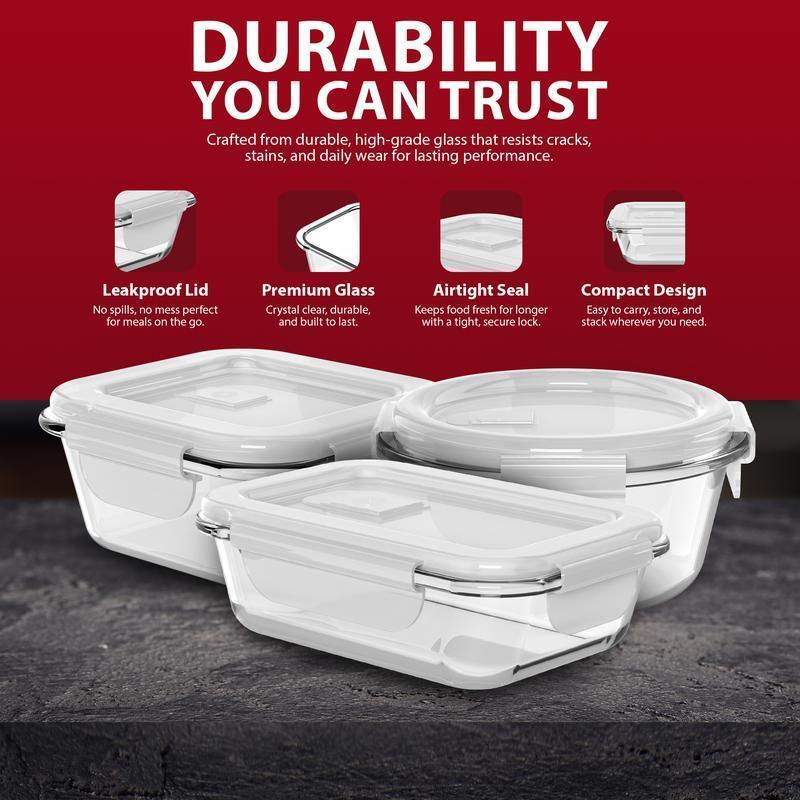 12 Pack Glass Food Storage Containers with Airtight & Leakproof Lids, Meal Prep Containers, BPA Free Food Grade Material, Microwave, Freezer & Dishwasher Safe for Home Kitchen
