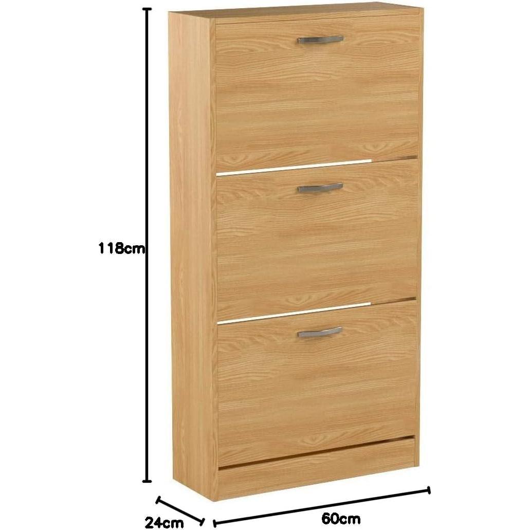 3-Drawer Shoe Cabinet (Various Colours) - Pull-Down Wooden Storage Organiser, H118xW60xD24cm, Wood Furniture Unit for Shoe Organization