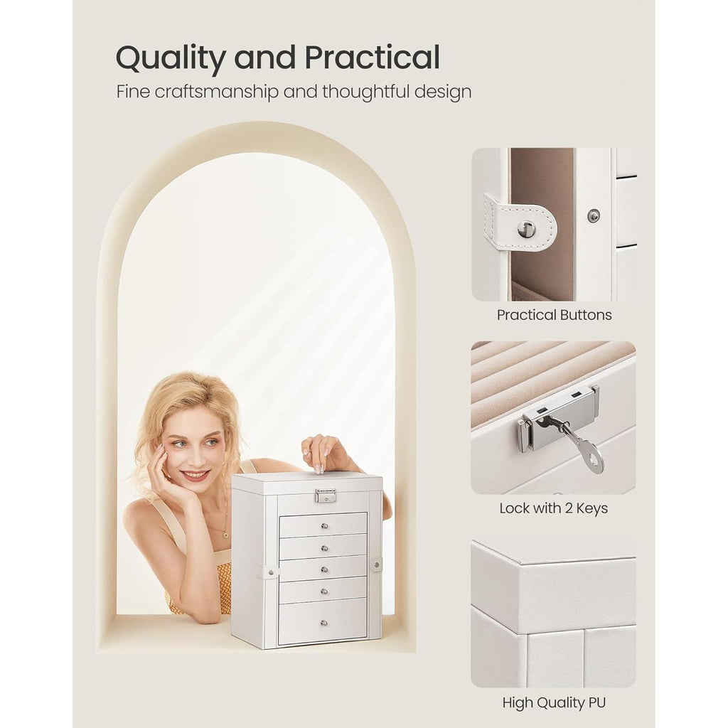 Large 6-Tier Jewellery Organiser with Lock and Mirror, 5-Drawer Watch and Accessory Storage Box, Vanity Case for Necklaces Rings Bracelets Earrings [Plus A Free Gift]