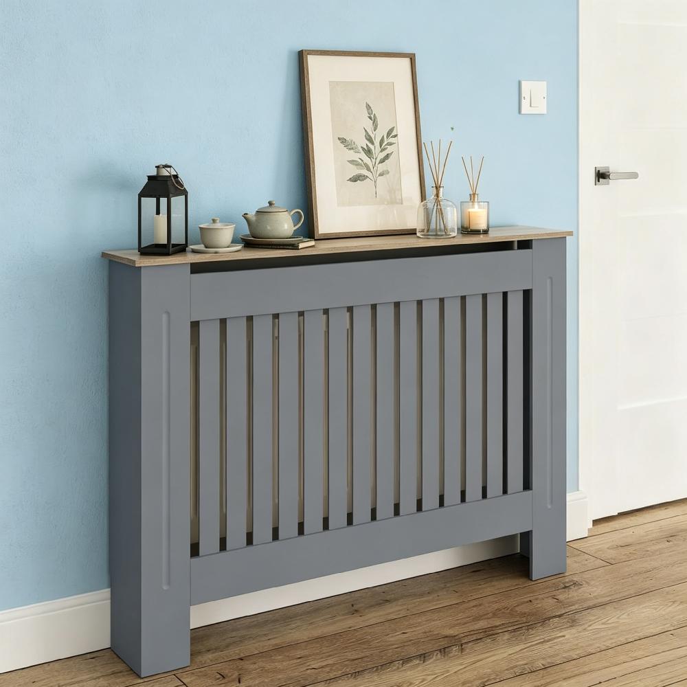 Medium Grey Slatted Wood Radiator Cover with Shelf - Modern Minimalist Style for Living Room, Bedroom [Plus A Free Gift]