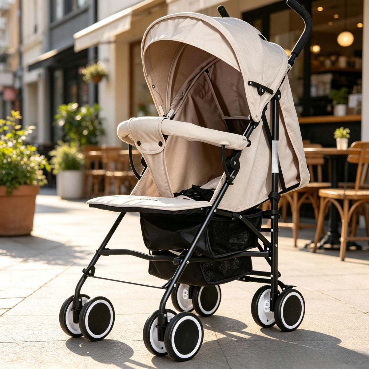 Compact One-Hand Fold Baby Stroller Lightweight Travel Pushchair with 3 Point Harness & Smooth Suspension, Suitable from Birth to 15kg (Black/Cream/Grey)
