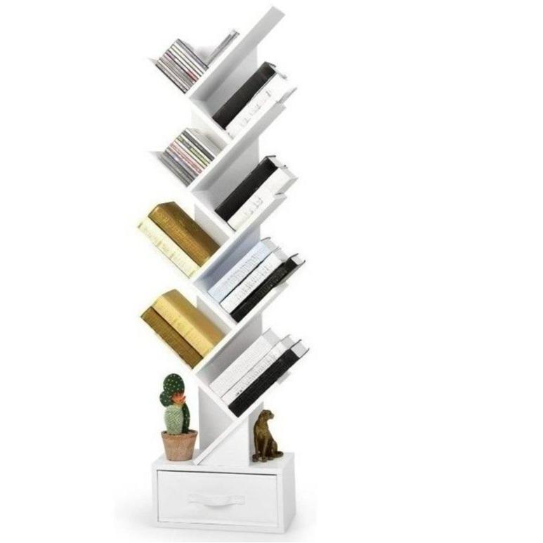 10‑Tier Tree‑Shaped Floor‑Standing Bookshelf, Wooden Narrow Book & Magazine Display Storage Shelving Unit with Foldable Fabric Drawer for Living Room Bedroom Office