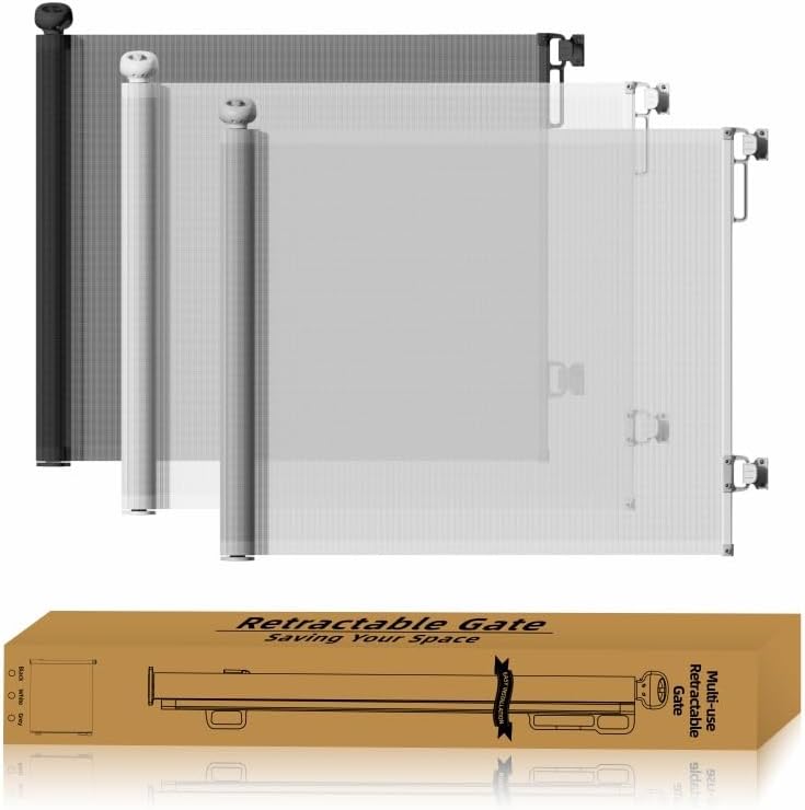 Retractable Baby Gate 87cm x 130 cm Stair Safety Gate Roll for Babies and Pets, dogs, Extendable Barrier Gates (Grey)
