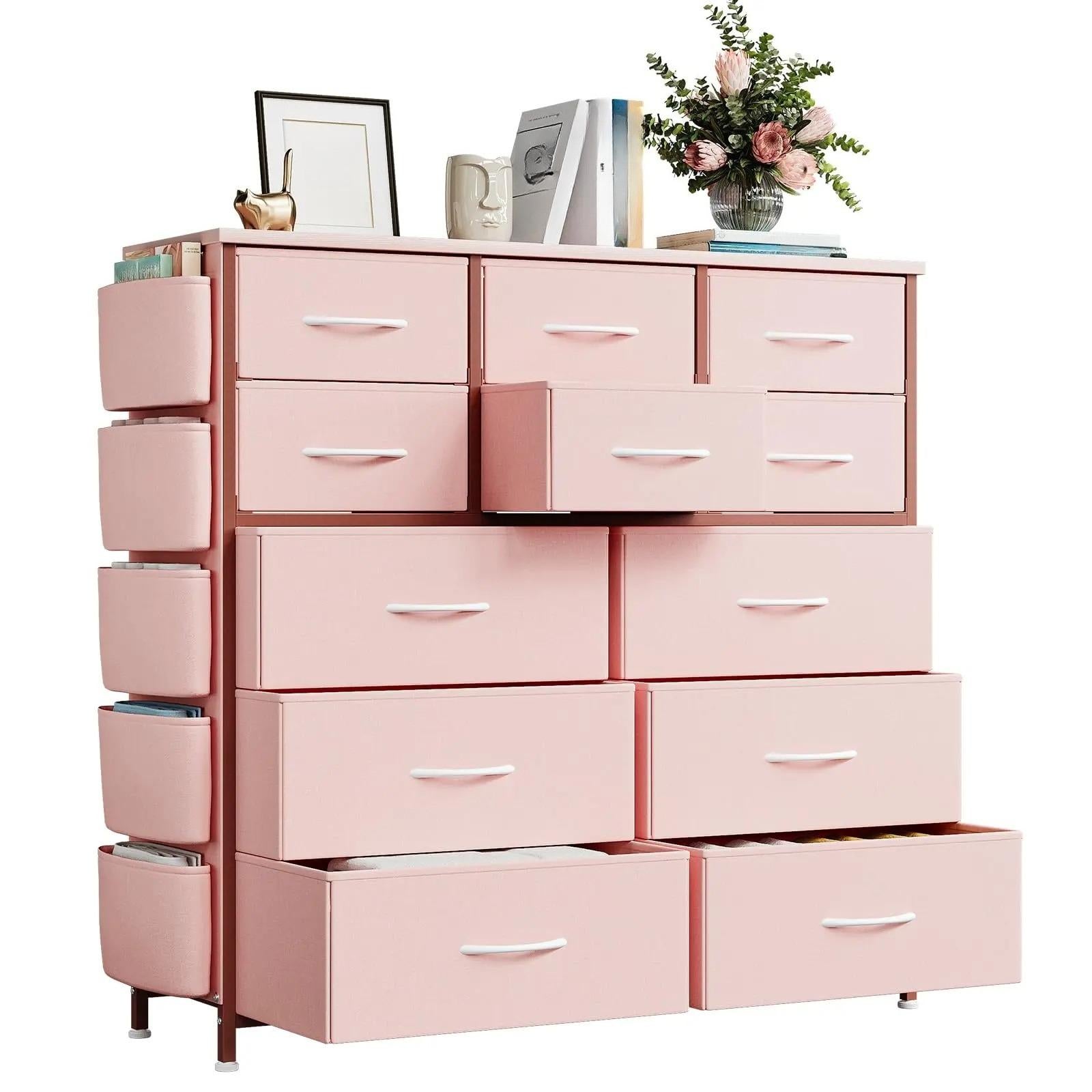 12‑Drawer Fabric Dresser for Bedroom, Chest of Drawers Storage Organizer with Side Pockets & Hooks, Sturdy Steel Frame Dresser Cabinet with Waterproof Wood Top, Multi‑Purpose Storage Unit for Closet, Hallway, Living Room Home Organization