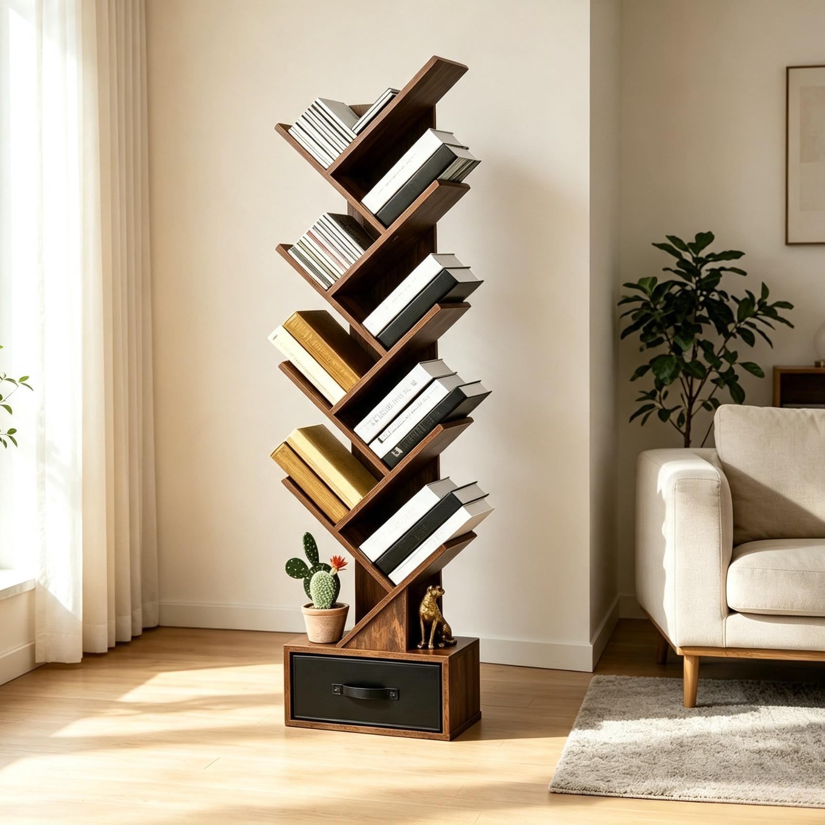 10‑Tier Tree‑Shaped Floor‑Standing Bookshelf, Wooden Narrow Book & Magazine Display Storage Shelving Unit with Foldable Fabric Drawer for Living Room Bedroom Office