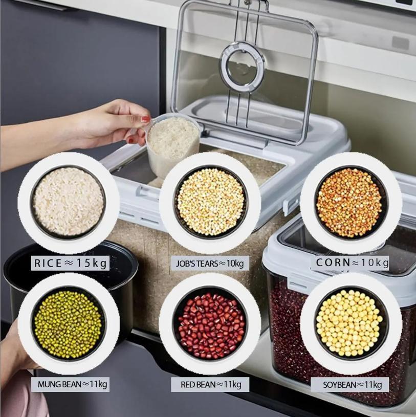 7.5KG/15KG Airtight Rice Storage Container, BPA-Free Transparent Grain Bucket with Airtight Lid & Measuring Scoop, Large Sealed Dry Food Dispenser Bin for Flour Rice Nuts, Kitchen Clear Plastic Grain Storage Organizer