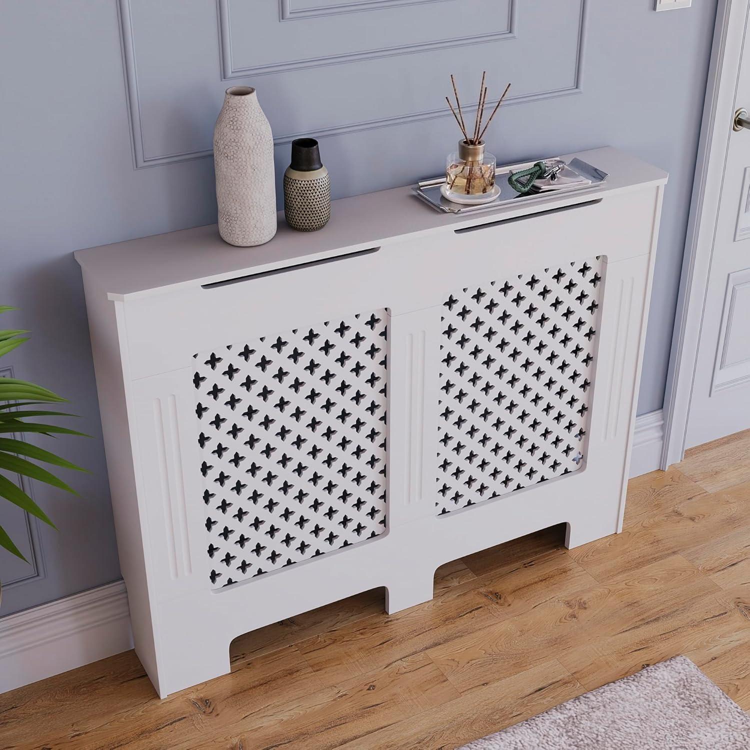 Modern MDF Radiator Cover Small White 82x78x19cm, Traditional Cross Pattern Painted Cabinet with Heat Circulation Grill for Living Room Hallway [Plus A Free Gift]