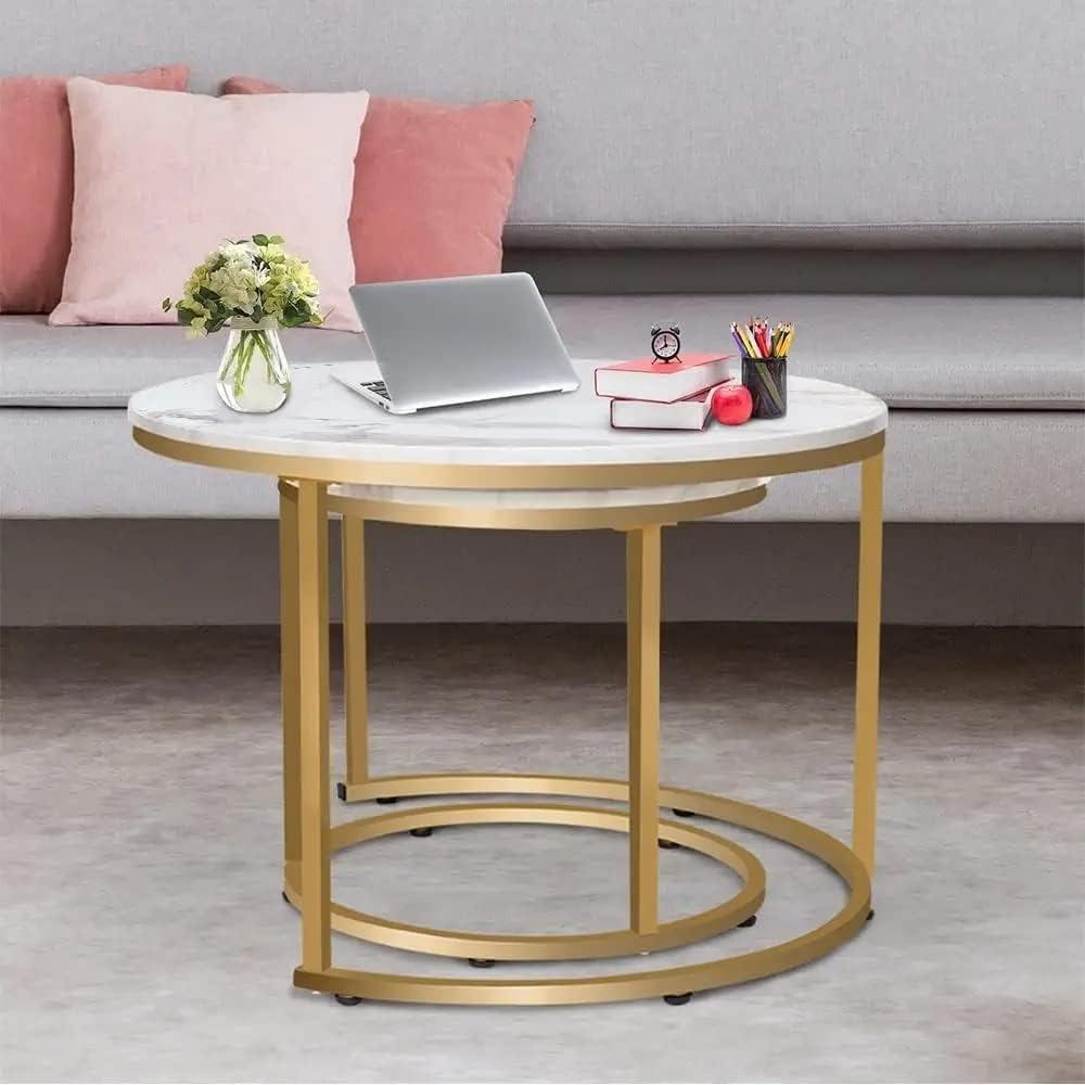 Elegant Round Nesting Coffee Tables –  Removable End Tables with Gold Metal Frame Legs & Marble Tops | Perfect for Living Room, Bedroom, Office & Balcony