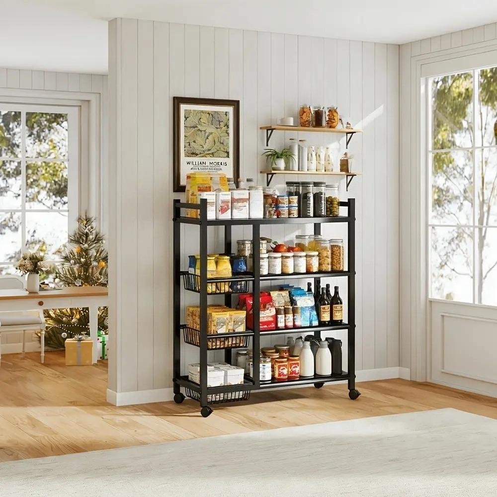 4‑Tier Heavy‑Duty Metal Kitchen Storage Cart Trolley with Wheels, Removable Fruit & Vegetable Baskets, Rolling Utility Organizer Rack, Multi‑Purpose Storage Shelf for Home Kitchen