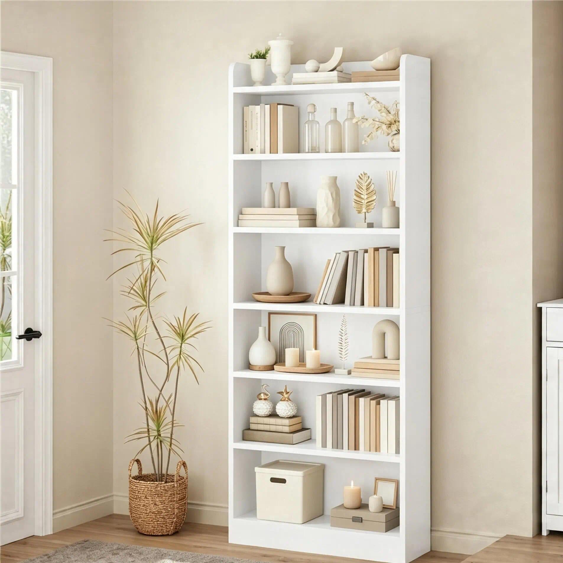 `Modern Tall Slim Open Bookcase, Freestanding Display Storage Shelf with Adjustable Shelves & Anti‑Tip Wall Anchor, Multi‑Purpose Unit for Books, Plants & Home Decor, Bedroom Living Room Office Study`