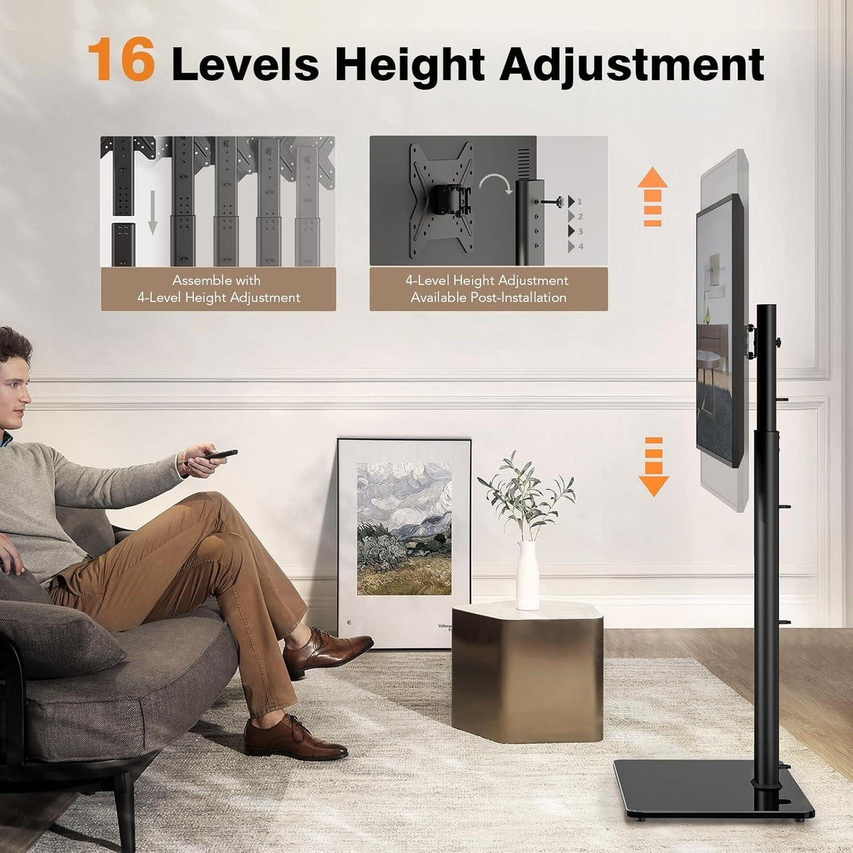 TV Stand with Swivel Mount – Universal Floor Stand for 19 to 43 inch LED LCD TVs, Adjustable Height, Sturdy and Easy to Install, Ideal for Living Room and Bedroom, Black