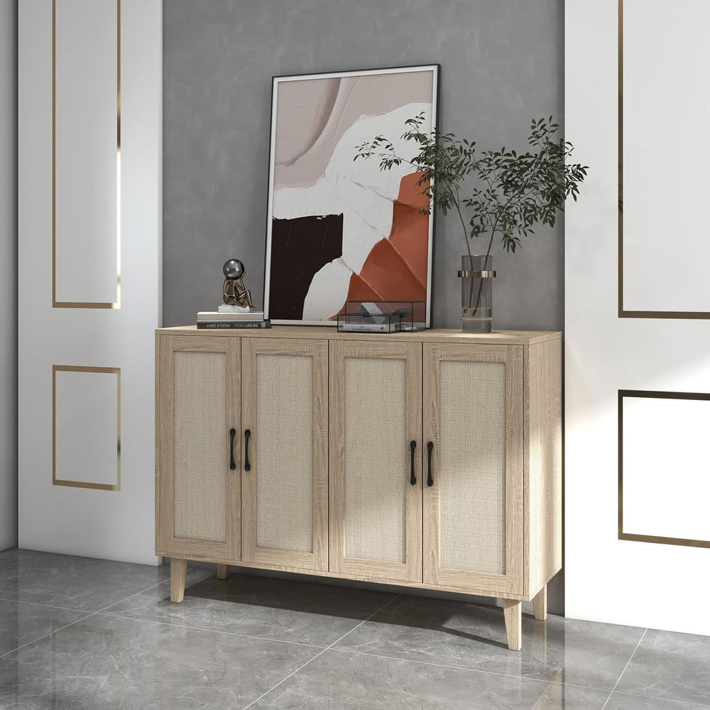 Modern Rattan Sideboard Cabinet, Wooden Buffet Storage Console with Rattan Decor Doors, Versatile Accent Storage Furniture for Kitchen, Living Room, Hallway Entryway