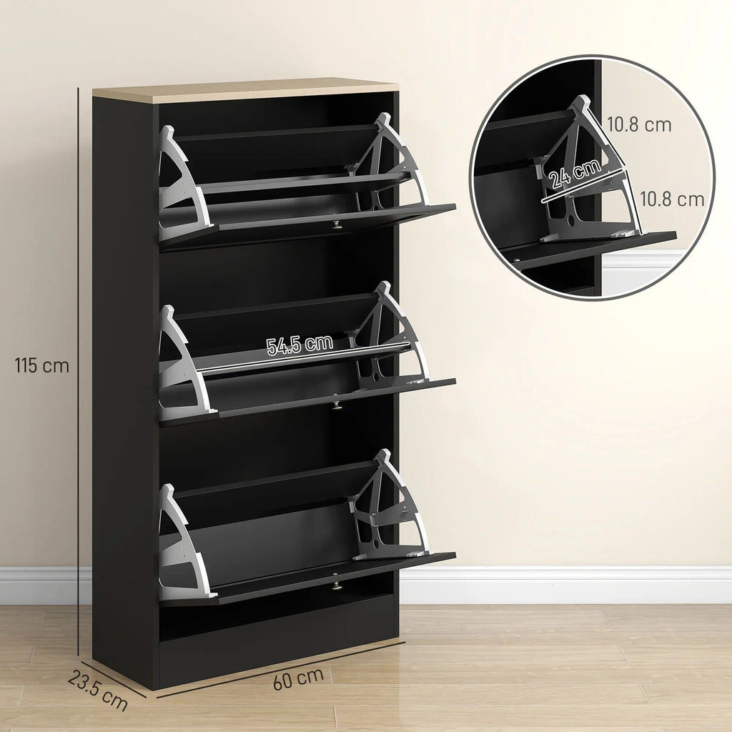 Black Slim Freestanding Shoe Cabinet, 3 Flip-Tilt Drawers Narrow Hidden Shoe Storage Organizer with Adjustable Shelf, Holds 12-18 Pairs of Shoes, Space-Saving Shoe Rack for Entryway, Hallway, Bedroom Home Furniture