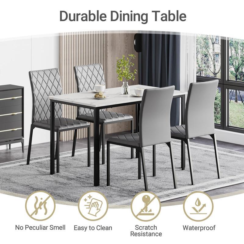 Modern Marble Effect Dining Table Set with PU Leather Chairs, 120x70cm Kitchen Furniture for Home & Apartment [Plus A Free Gift]