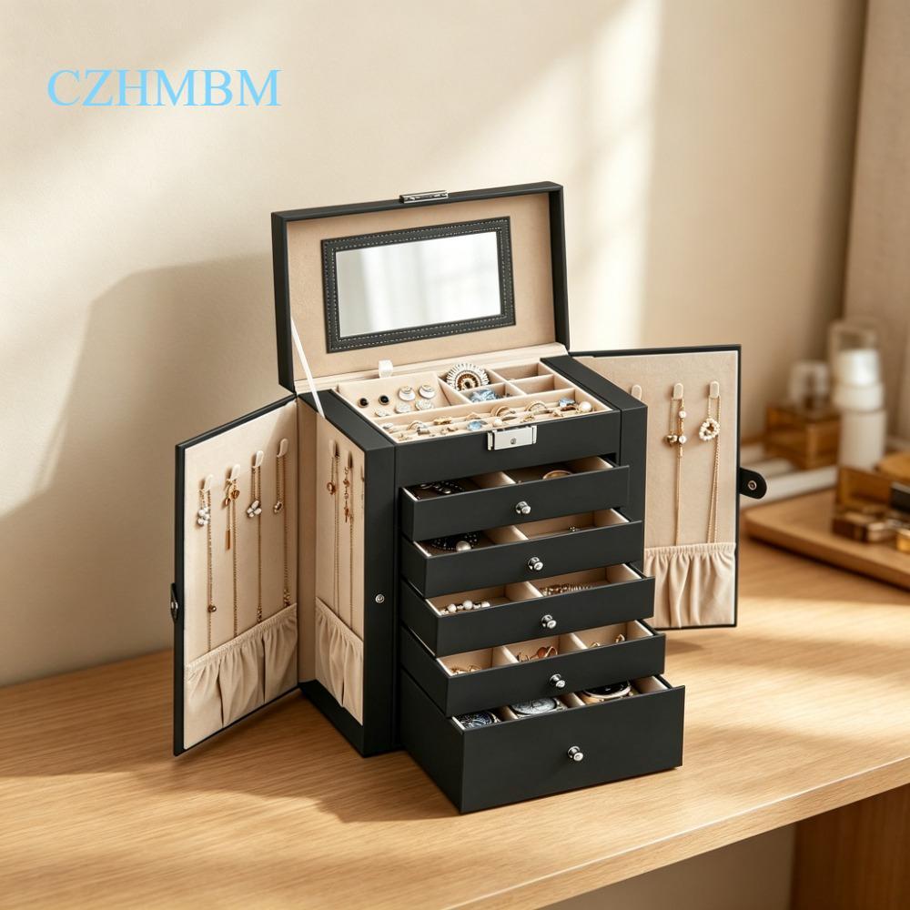 Large 6-Tier Jewellery Organiser with Lock and Mirror, 5-Drawer Watch and Accessory Storage Box, Vanity Case for Necklaces Rings Bracelets Earrings [Plus A Free Gift]