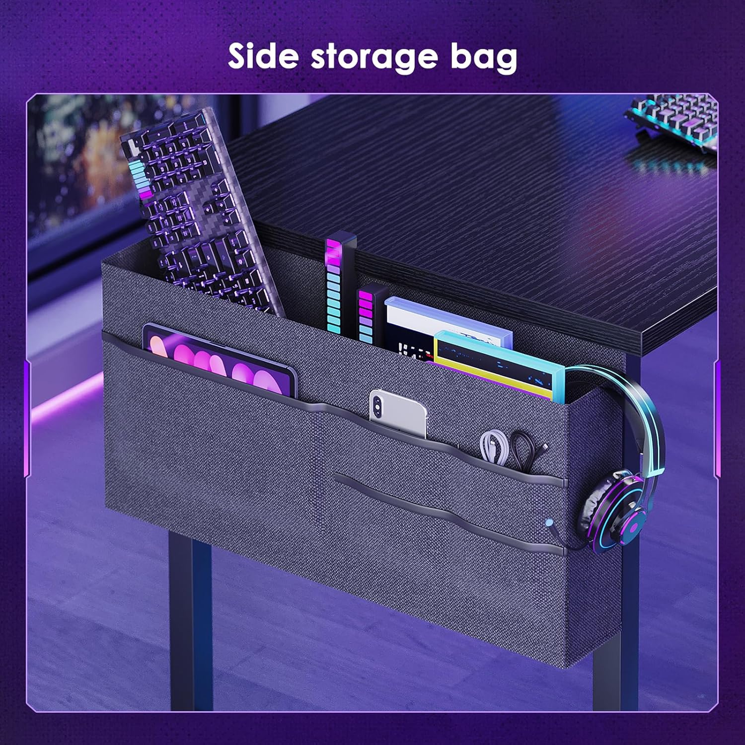 L Shaped Gaming Desk with Led Lights,  Reversible Corner Computer Desk with Display Shelves, PC Gaming Table with Storage Bag Black
