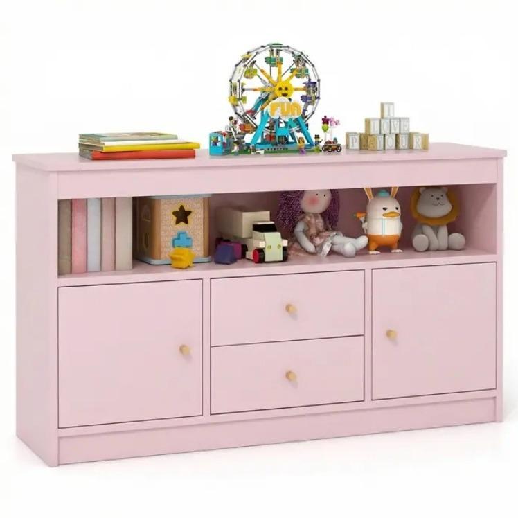 Wooden Kids Toy Storage Organizer, Children’s Bookcase with Open Shelf, 2 Cabinets & 2 Pull‑Out Drawers, Anti‑Tip Toy Books Storage Cabinet for Playroom, Bedroom, Nursery & Daycare`