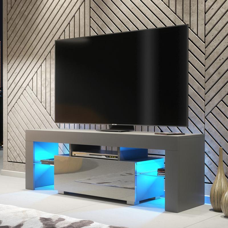 130cm Modern High Gloss TV Stand with LED Light & Glass Shelves Storage Cabinet [Plus A Free Gift]