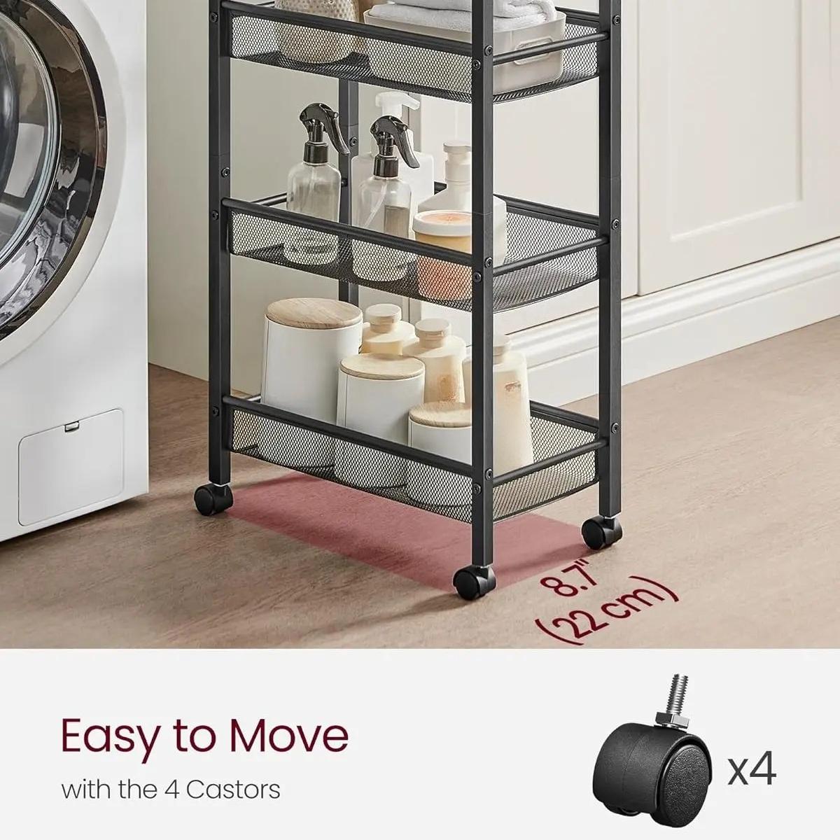 4‑Tier Slim Rolling Storage Trolley Cart, Space‑Saving Utility Organiser Rack with Wheels & Handle, Sturdy Steel Frame Storage Shelf for Small Spaces, Kitchen, Bathroom, Living Room, Studio Apartment