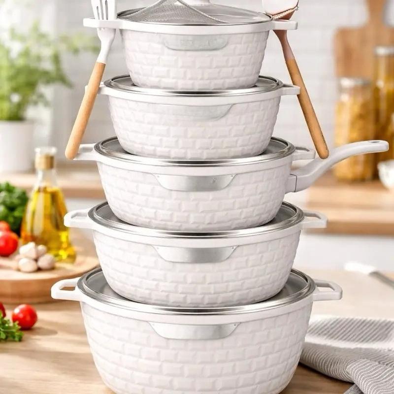 5‑Piece Die‑Cast Non‑Stick Cookware Set, Kitchen Pots and Pans Set‑Including 20/24/28/32cm Casserole Stock Pots & 28cm Frying Pan with 2 Cooking Spoons, Compatible with Induction, Gas & Electric Stovetops