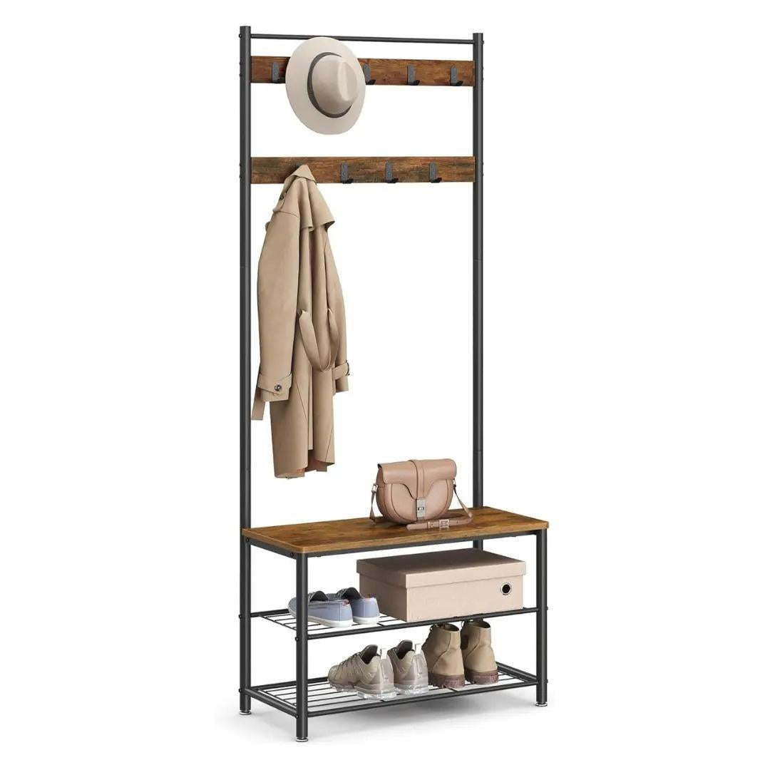 Industrial Style Hall Tree Coat Rack, Entryway Clothes Stand with Bench, Shoe Shelves & 9 Hooks, Metal Frame Shoe Bench Organizer for Hallway Cloakroom Home Storage