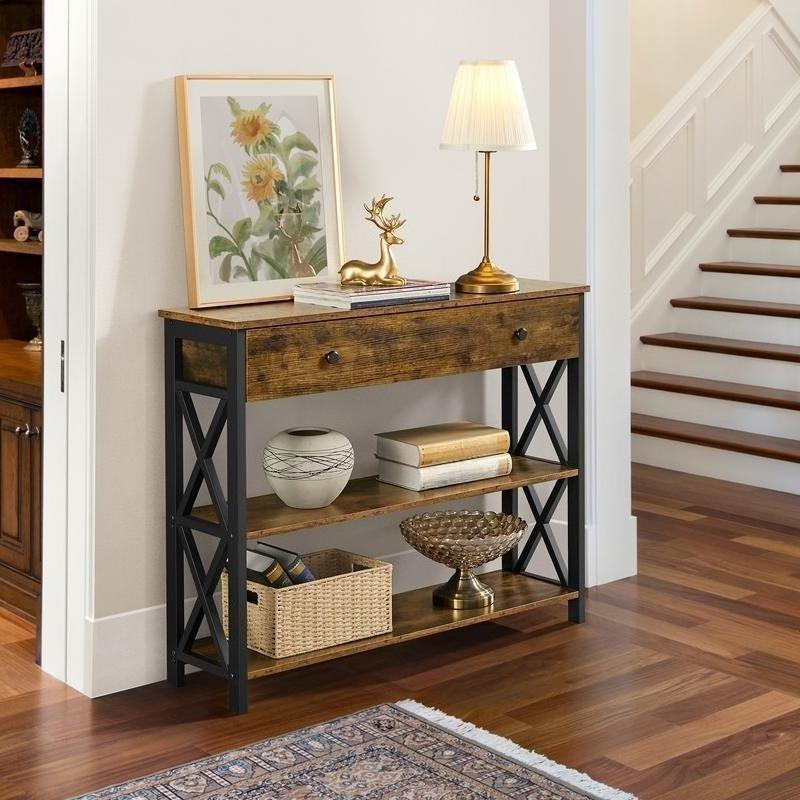 Industrial Vintage Console Table, MDF & Iron Frame Entryway Table with Drawer and 2 Open Storage Shelves, 3-Tier Narrow Sofa Side Table, Multifunctional TV Stand Accent Furniture for Living Room Hallway Bedroom Entryway