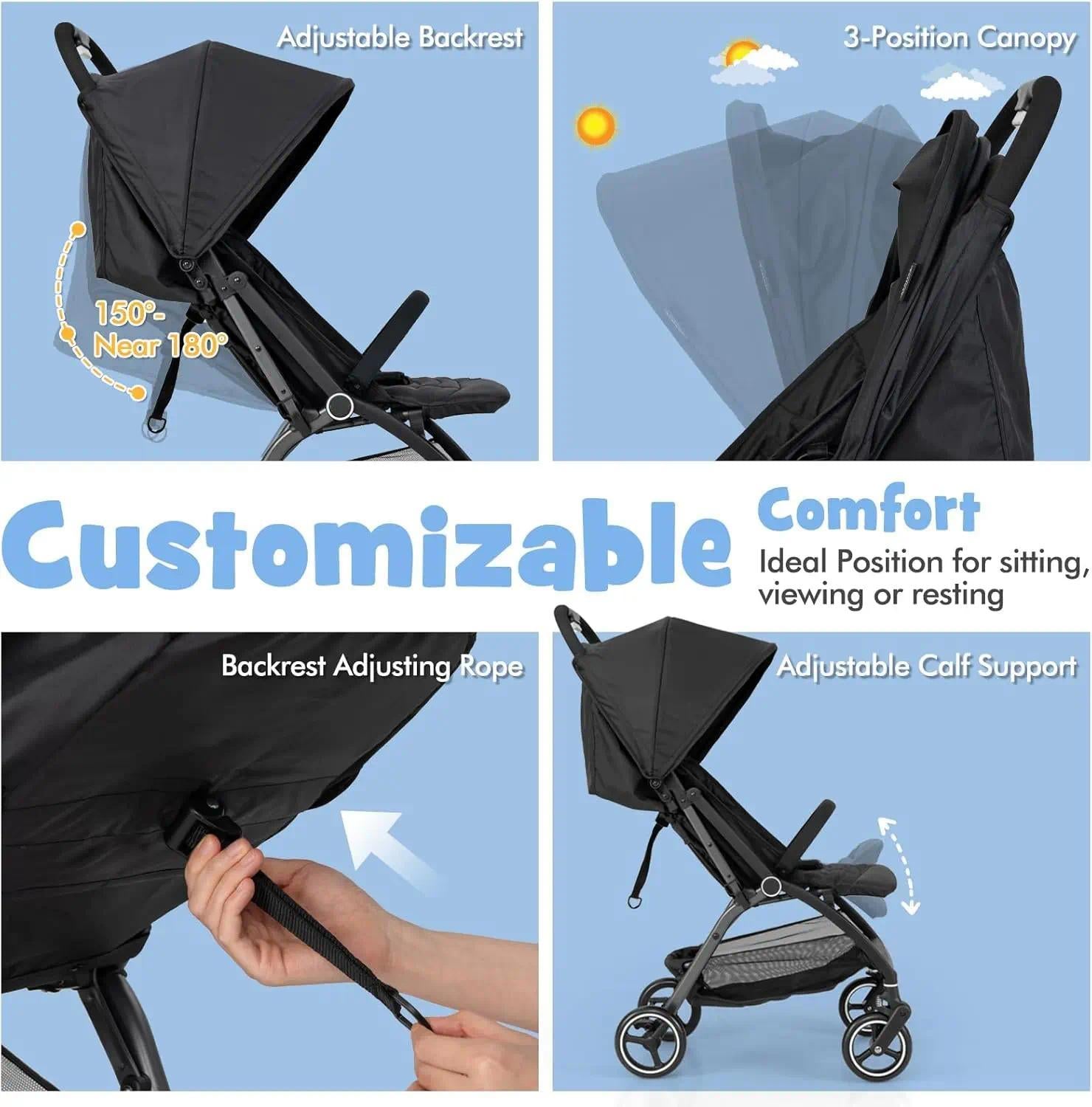 Lightweight Travel Pushchair for 0-36 Months, One-Hand Fold Baby Stroller with Adjustable Recline & Sun Canopy, 5-Point Safety Harness, Large Under-Seat Basket, Compact for Car Boot [Plus A Free Gift]