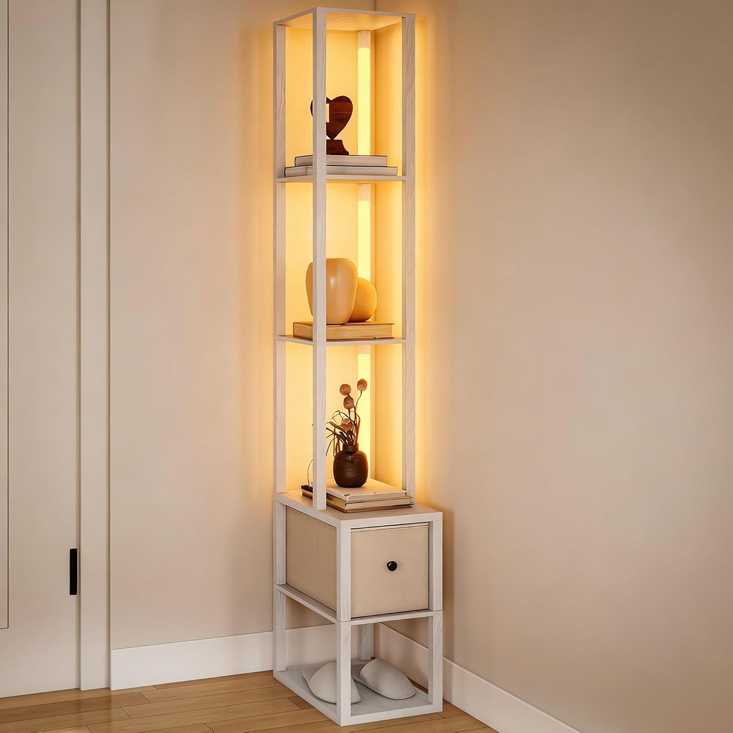 Modern Freestanding Column Floor Lamp, LED Standing Lamp with Multi-Layer Storage Shelves & Fabric Drawer, Adjustable Brightness with Foot Switch, Perfect for Living Room, Bedroom, Study and Office