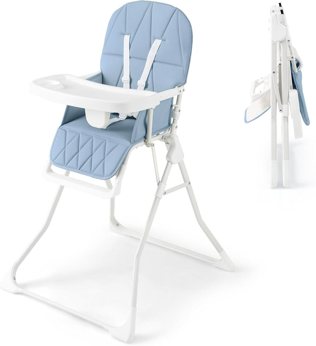 Foldable Baby High Chair, Compact Lightweight Toddler Feeding Highchair with 3‑Position Adjustable Tray & Footrest, Removable Seat Cushion, 5‑Point Safety Harness for 6‑36 Months
