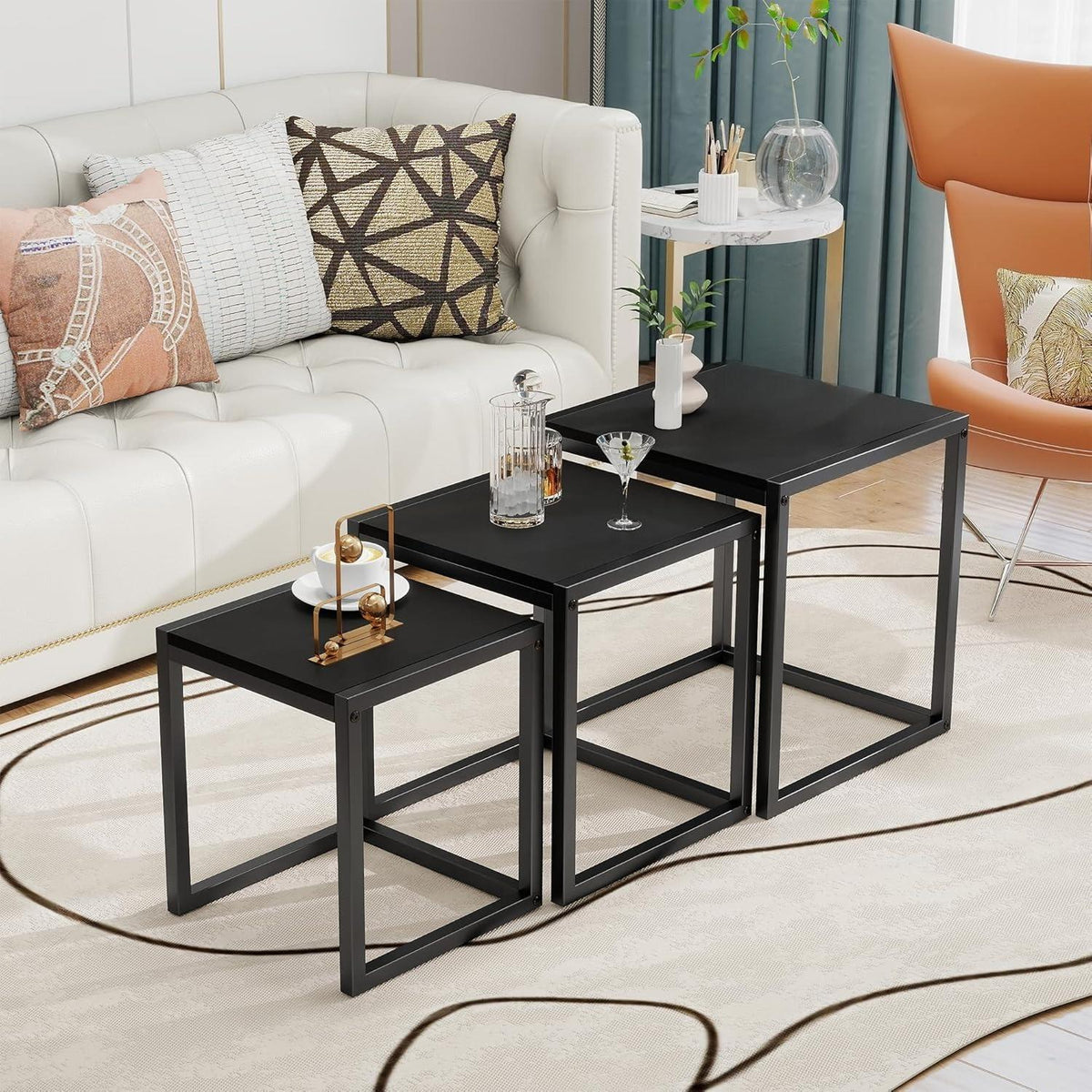 Nesting Coffee Table - Industrial Square End Tables with Metal Frame for Living Room, Bedroom & Office, Brown