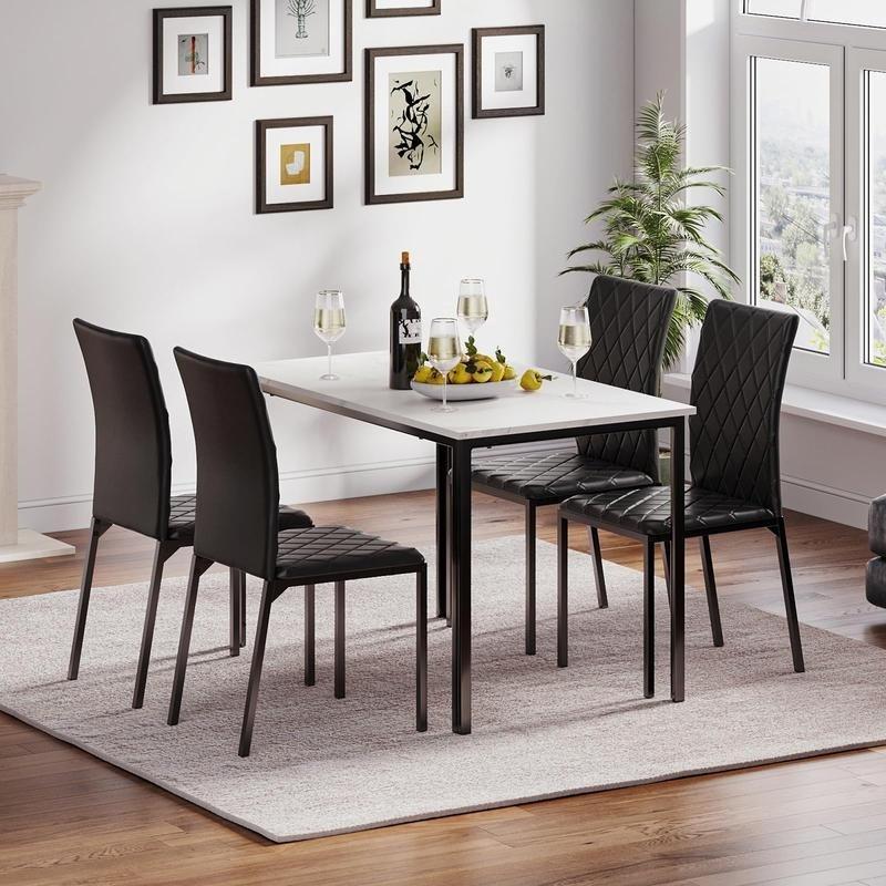 Modern Marble Effect Dining Table Set with PU Leather Chairs, 120x70cm Kitchen Furniture for Home & Apartment [Plus A Free Gift]