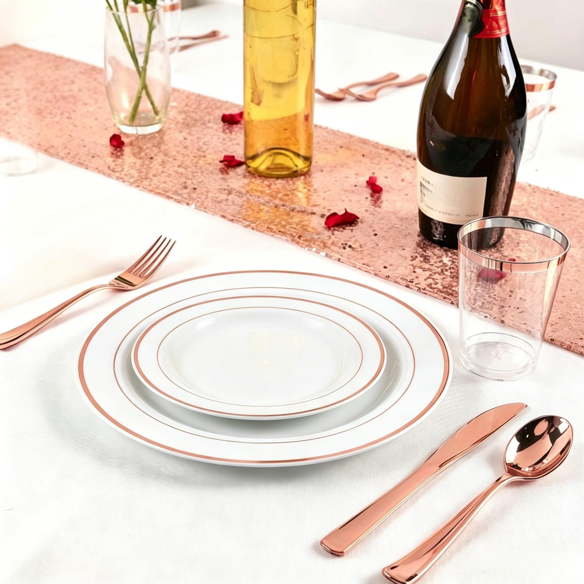 Multi-Use  Plastic Dinnerware Set,  Resuable Dinner Plates,  Salad Plates,  Knives,  Mini Forks,  Spoons,  300ml Cups for Wedding Anniversary Garden Party