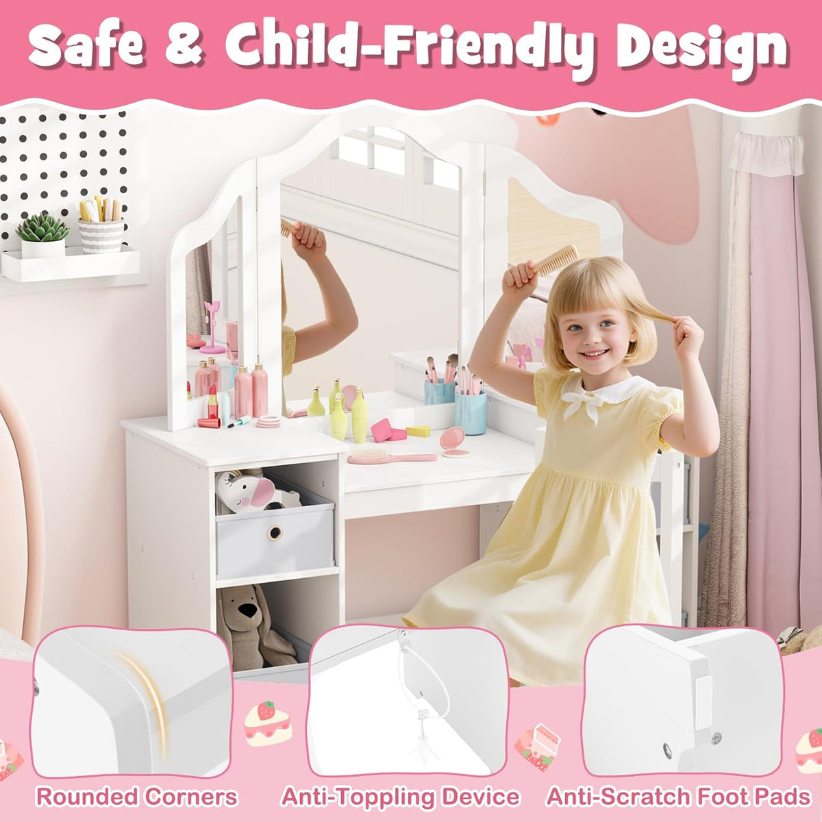 【NS】Kids Vanity Table and Stool Set, Princess Makeup Dressing Tables with Tri-Folding Detachable Mirror, 4 Storage Shelves, Wooden Children Study Desk for 3+ Years Old (White with Grey Bins)