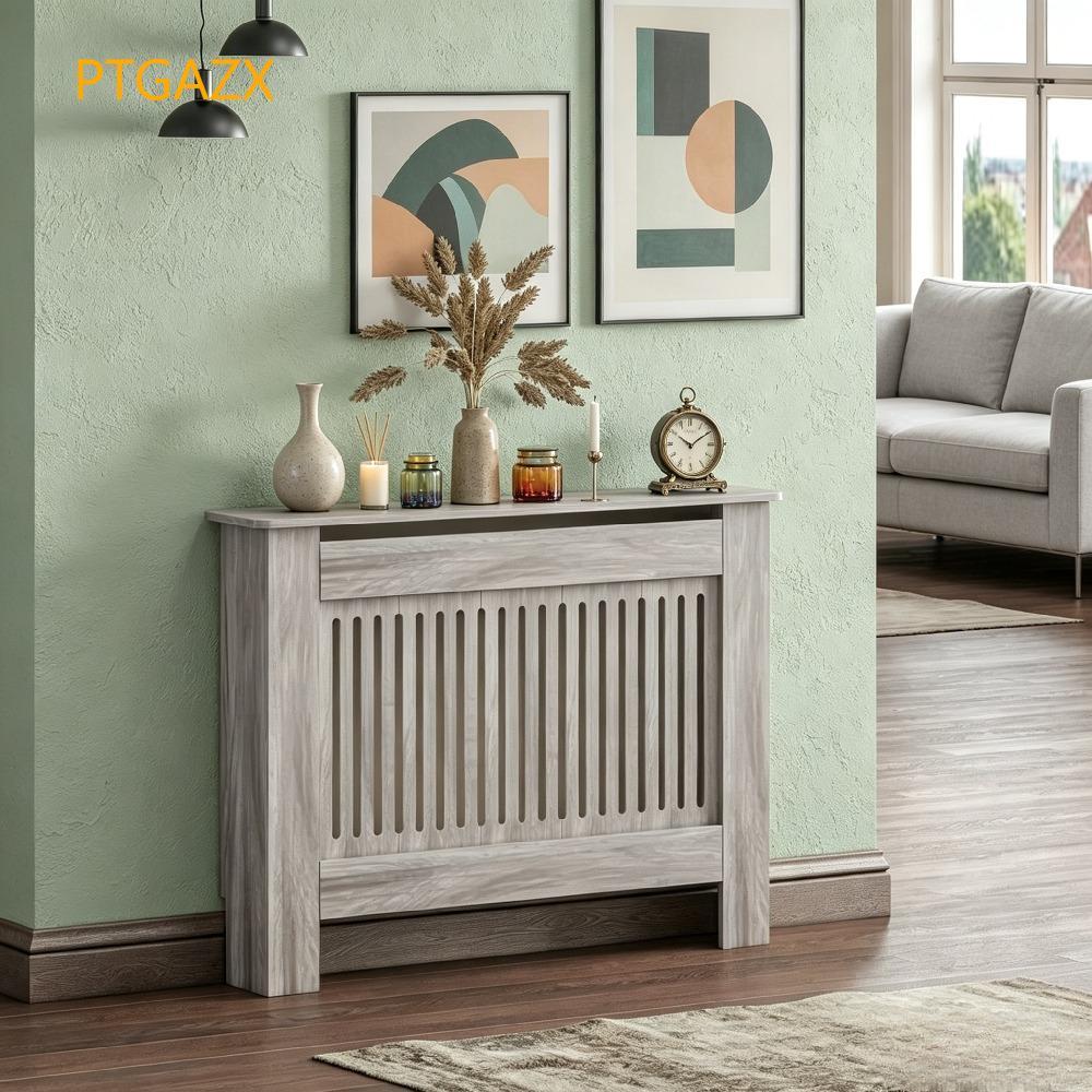 Grey Modern Radiator Cover, MDF Vertical Slat Design with Wooden Top Shelf, Stylish Cabinet for Living Room, Bedroom, and Hallway [Plus A Free Gift]
