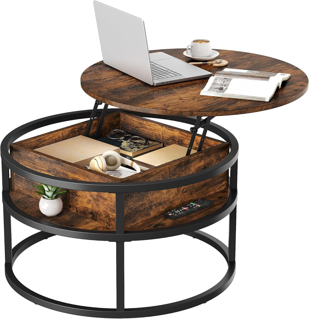 Round Lift Top Coffee Table for Living Room, Rustic Wooden Center Table with Hidden Storage Compartment & Side Open Shelves, Multifunctional Lift‑Up Dining Work Table for Small Space Apartment Home Office