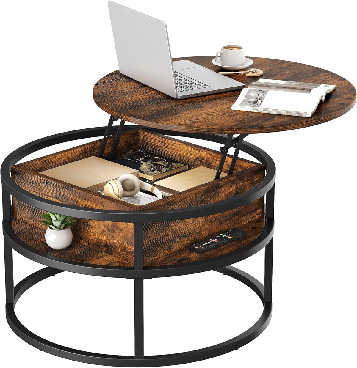Round Lift Top Coffee Table for Living Room, Rustic Wooden Center Table with Hidden Storage Compartment & Side Open Shelves, Multifunctional Lift‑Up Dining Work Table for Small Space Apartment Home Office