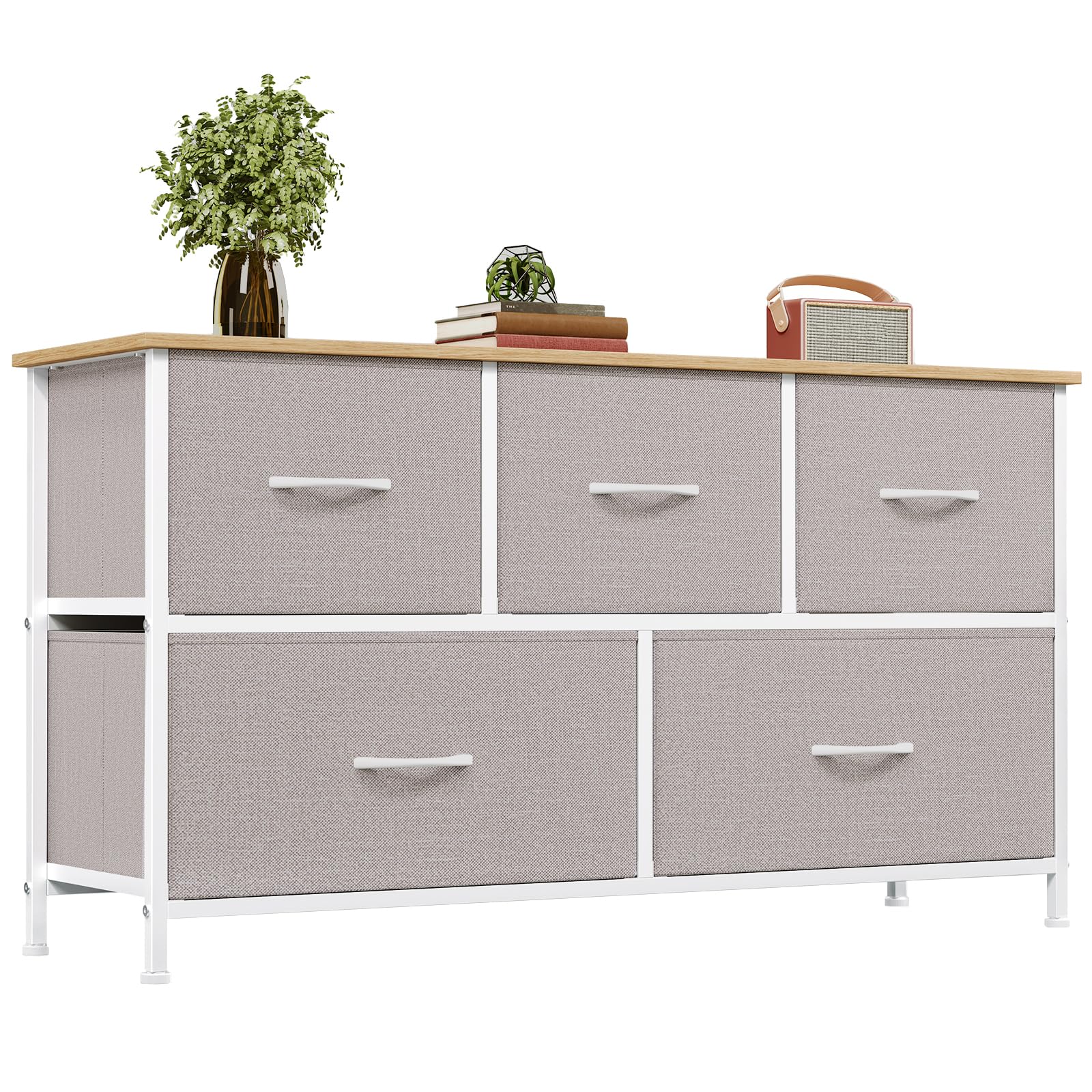 5 Drawers Faux Leather Chest of Drawers Wide Storage Organiser Dresser White Multi-Use Nightstand TV Stand Cabinet for Bedroom Closet Nursery Entryway Hallway 30 x 100 x 55 cm