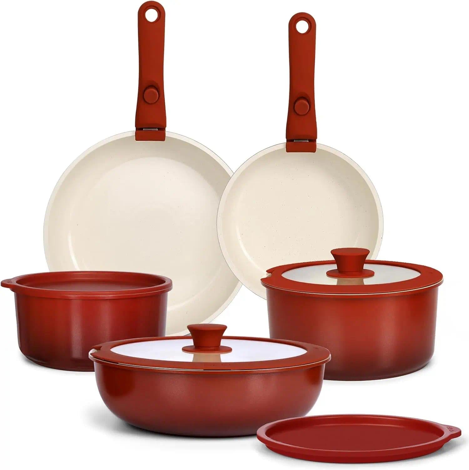 11PCS Granite Non-Stick Pots and Pans Cookware Set with Detachable Removable Handles,  Free Healthy Kitchen Cooking Set, Oven Safe Compatible for Induction Gas Electric Stovetops, Space Saving RV Camper Travel Cookware Kit