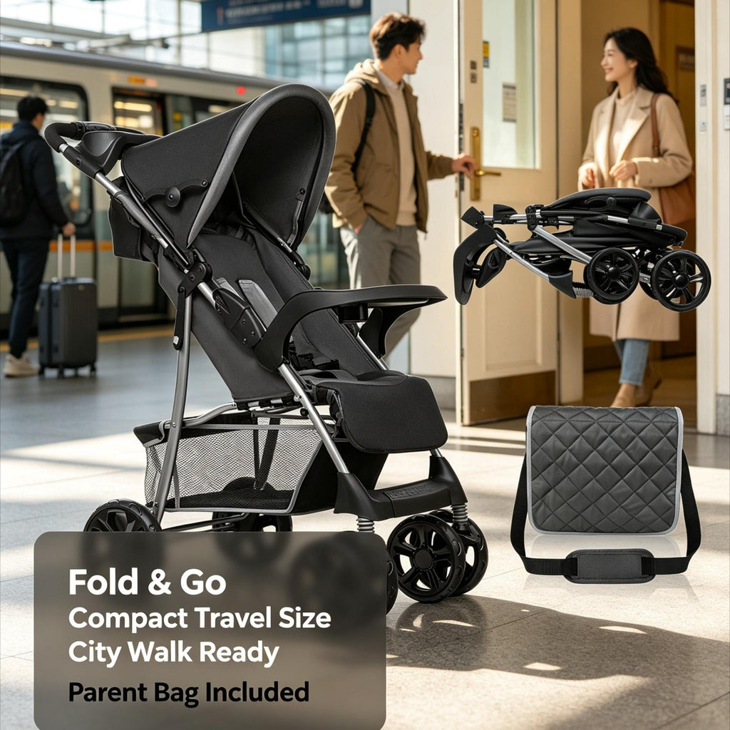 Foldable Lightweight Travel Baby Stroller, Compact City Stroller for Toddlers 6‑36 Months (Max 15kg), Reclining Lie‑Flat Seat with Adjustable Footrest, XXL All‑Weather Canopy, 5‑Point Harness & Shock‑Absorbing Wheels, Storage Basket, Detachable Tray and P