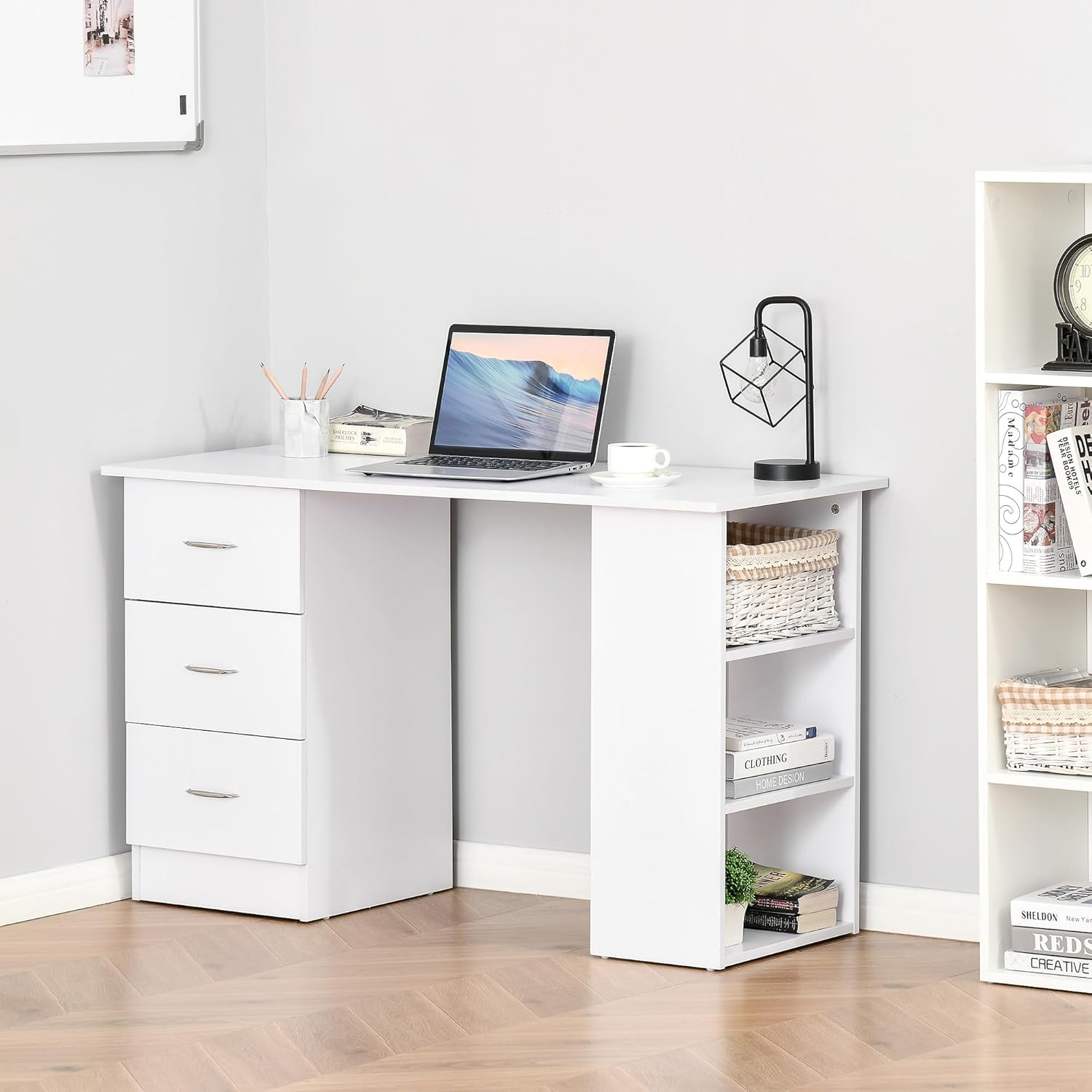 【NS】Computer Desk, Writing Table, PC Workstation with 3 Storage Shelves and Drawers, Silver Handle, for Home Office, White