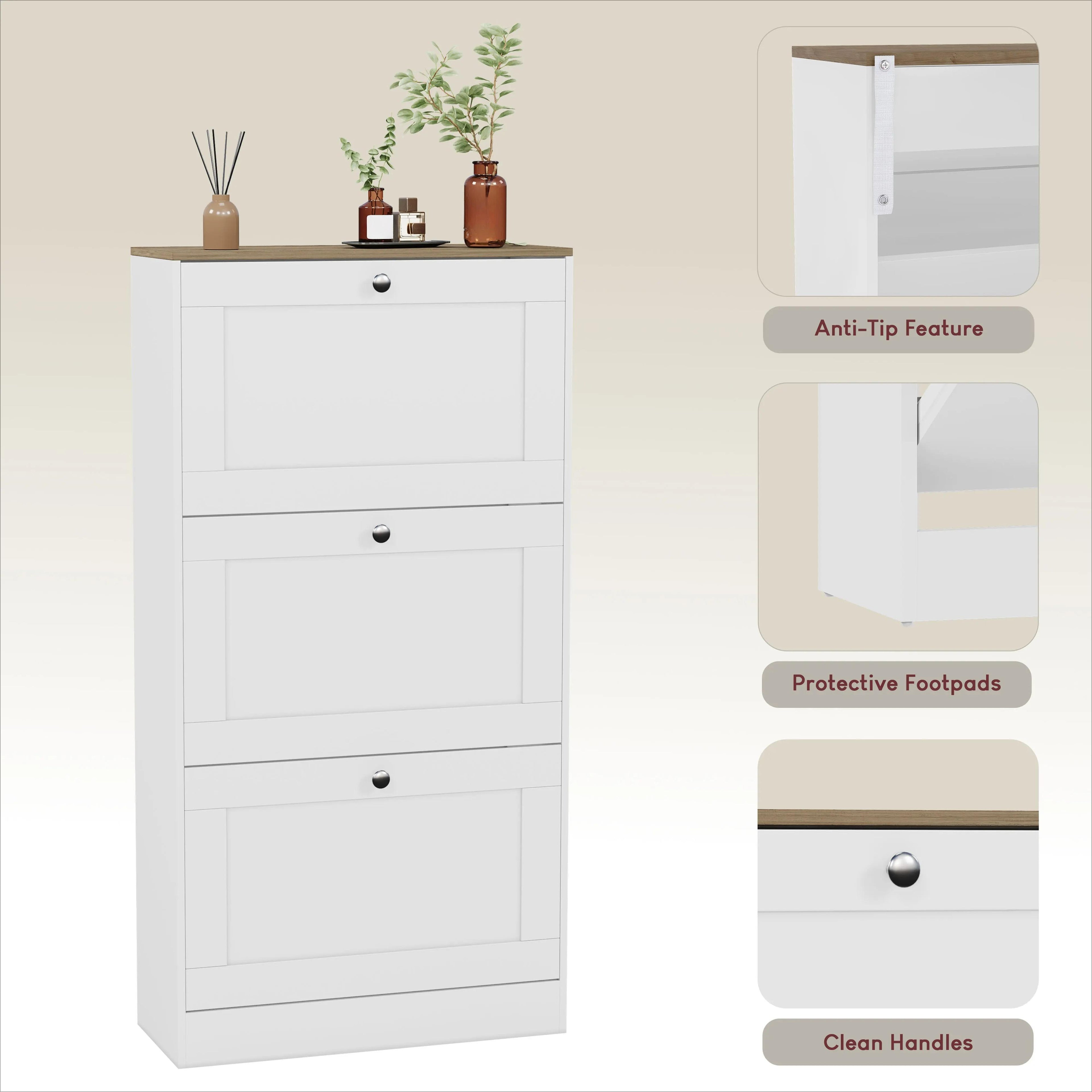 3 Drawer Pull-Down Shoe Cabinet, Slim Space-Saving Wooden Shoe Storage Organizer with Oak Top Surface, Hidden Footwear Storage Cabinet for Entryway Hallway Bedroom Home Furniture