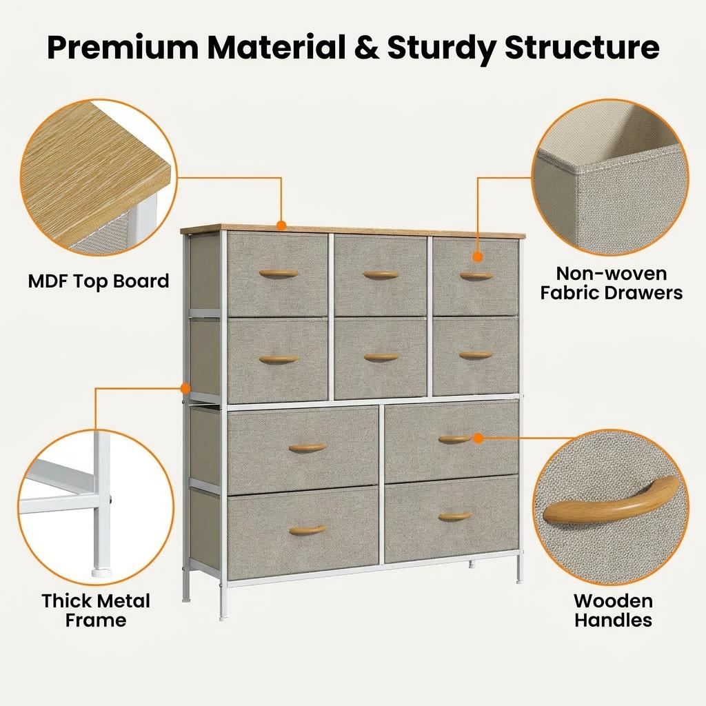 10-Drawer Fabric Storage Tower with Metal Frame & MDF Top, Non-Woven Organiser for Bedroom, Living Room, Hallway – Beige/White/Wood Tone (100x30x97cm)
