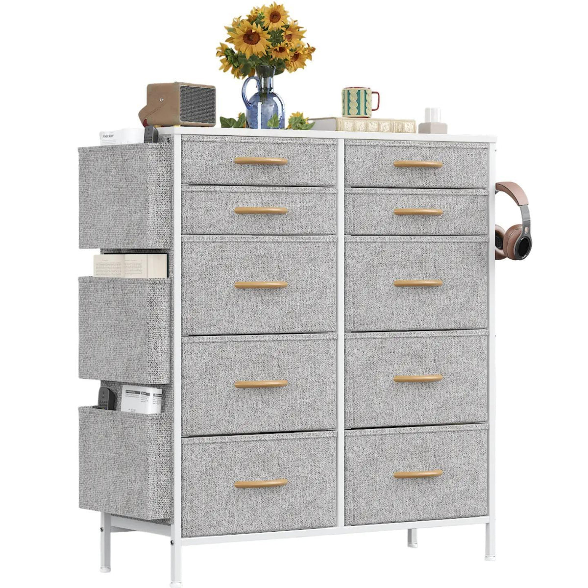 White Tall 10‑Drawer Fabric Dresser with 3 Side Pockets, Chest of Drawers with MDF Wood Top & Metal Frame, Anti‑Tip Storage Organizer for Bedroom Closet Living Room Dorm Office