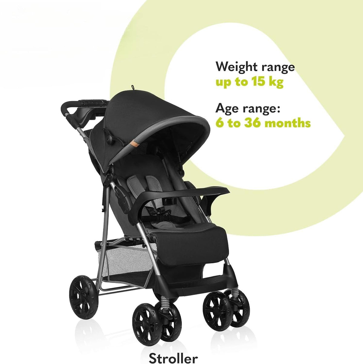 Foldable Lightweight Travel Baby Stroller, Compact City Stroller for Toddlers 6‑36 Months (Max 15kg), Reclining Lie‑Flat Seat with Adjustable Footrest, XXL All‑Weather Canopy, 5‑Point Harness & Shock‑Absorbing Wheels, Storage Basket, Detachable Tray and P