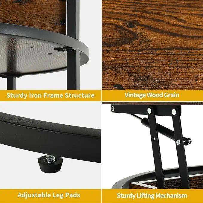 Round Lift Top Coffee Table for Living Room, Rustic Wooden Center Table with Hidden Storage Compartment & Side Open Shelves, Multifunctional Lift‑Up Dining Work Table for Small Space Apartment Home Office