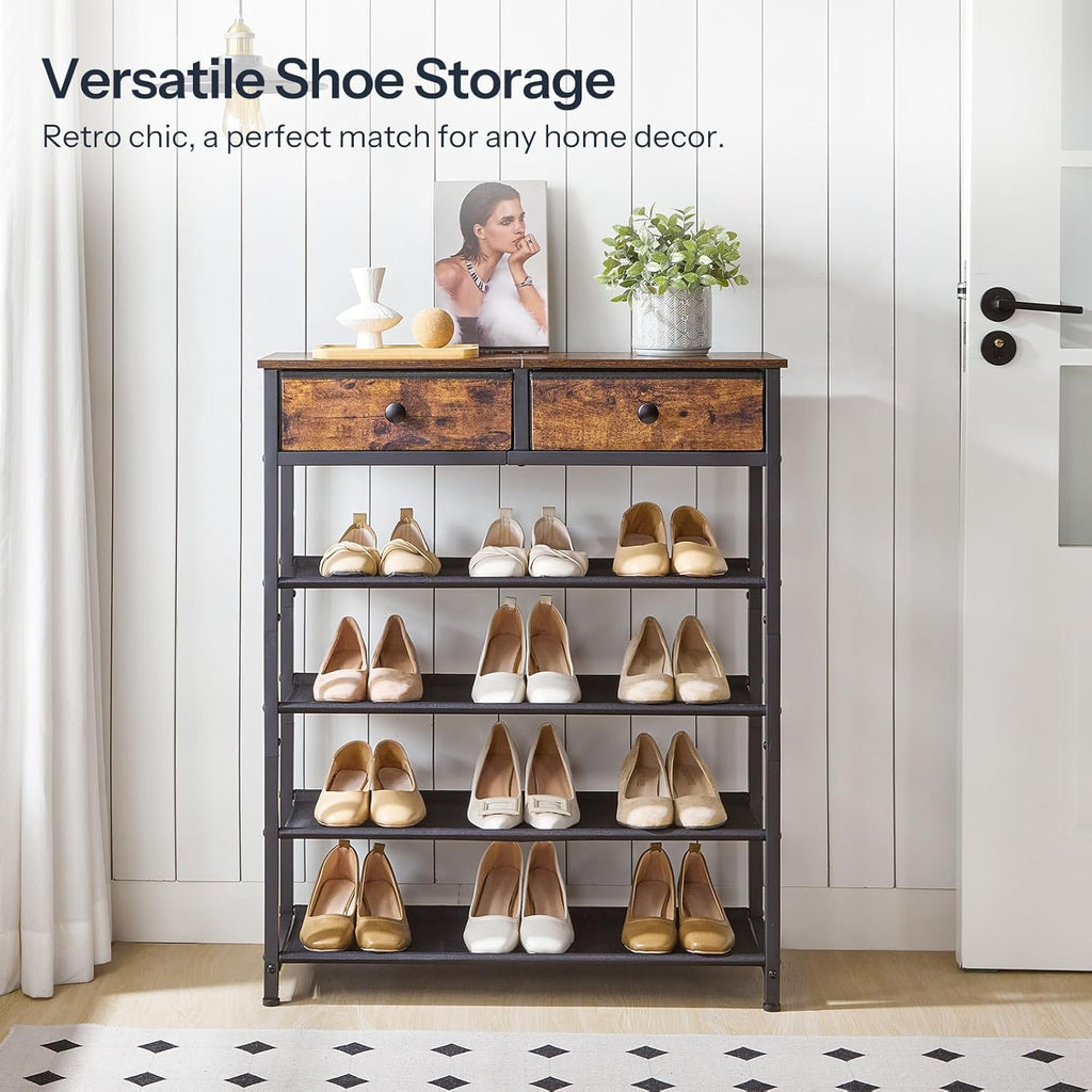 Shoe Rack,  Shoe Storage Organizer with 2 Non-Woven Drawers, 12-15 Pairs of for Entryway, Shelf with 3 Oxford Fabric Shelves and Wooden Top, Closet, Rustic Brown