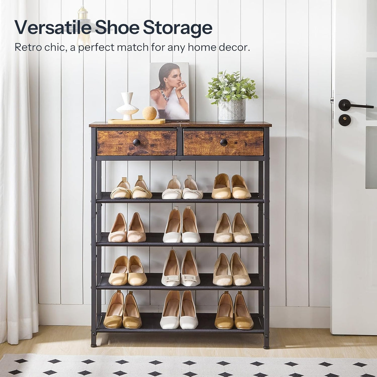 Shoe Rack,  Shoe Storage Organizer with 2 Non-Woven Drawers, 12-15 Pairs of for Entryway, Shelf with 3 Oxford Fabric Shelves and Wooden Top, Closet, Rustic Brown