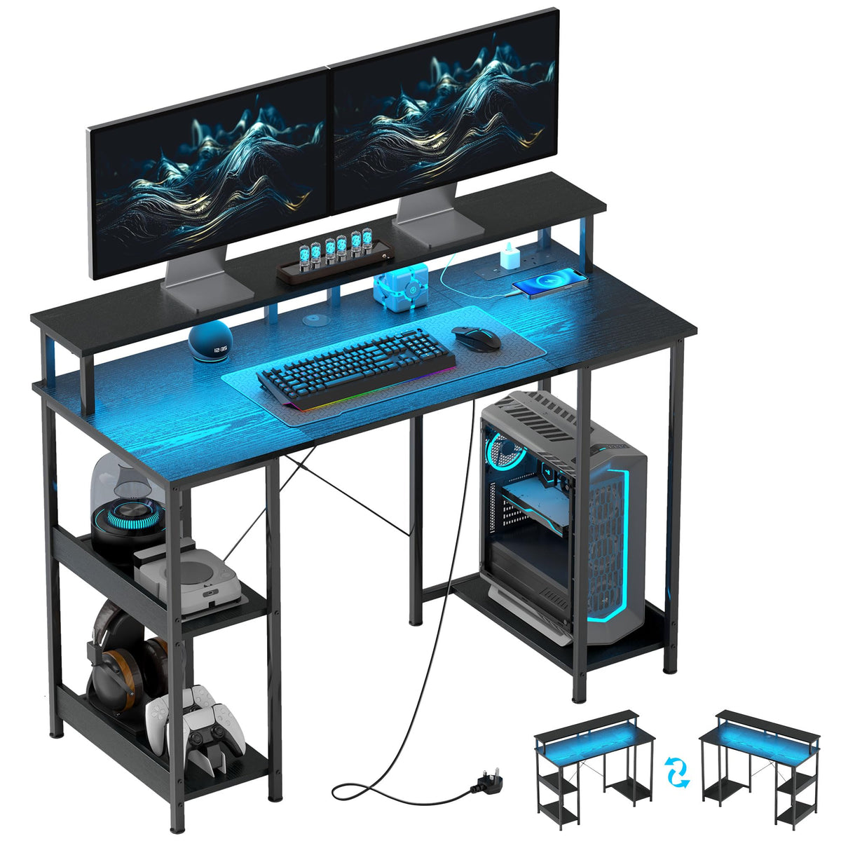 【NS】Computer Desk with Power Outlets and LED Lights, 120 x 50cm Reversible Home Office Desk with Monitor Stand and 2-Tier Storage Shelves, PC Table with Cable Management, Black