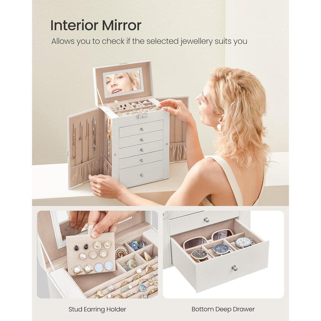Large 6-Tier Jewellery Organiser with Lock and Mirror, 5-Drawer Watch and Accessory Storage Box, Vanity Case for Necklaces Rings Bracelets Earrings [Plus A Free Gift]