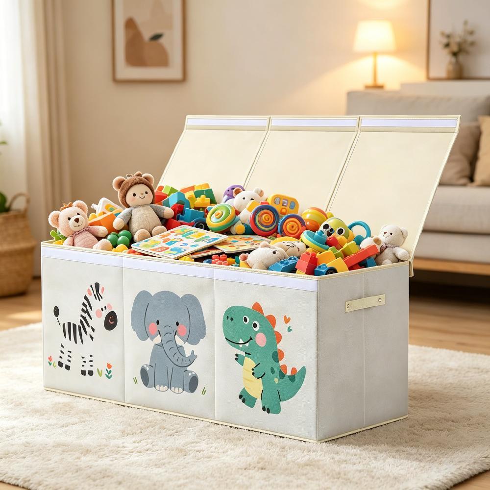 147L Large Foldable Toy Storage Box for Kids, Flip-Top Lid Organiser Chest for Clothes and Toys, Grey Storage Container for Bedroom Playroom Kindergarten [Plus A Free Gift]